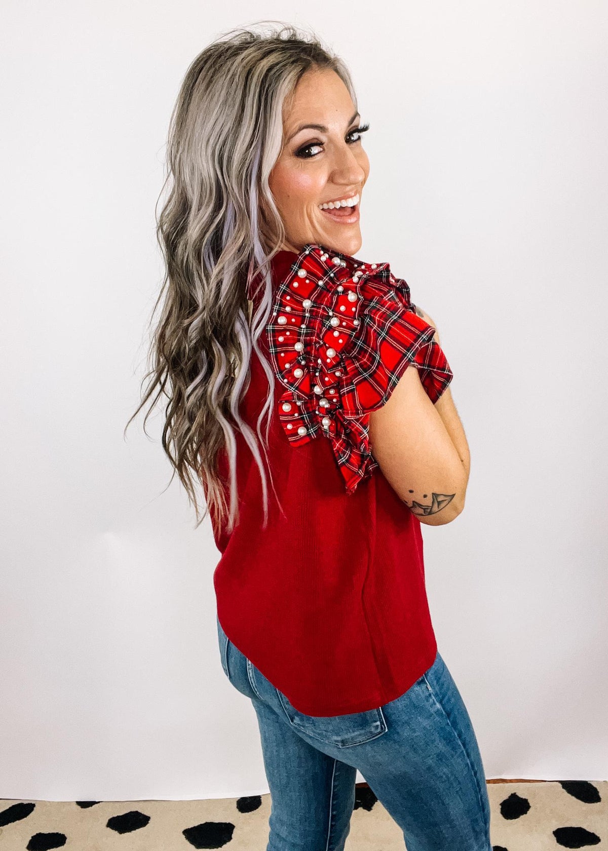 Garnet Holiday Plaid Sleeve Top