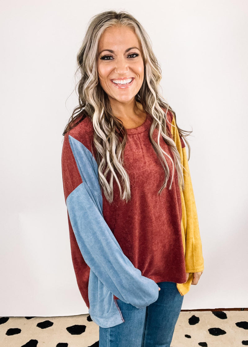 Marsala Mustard Terry Color Block Top