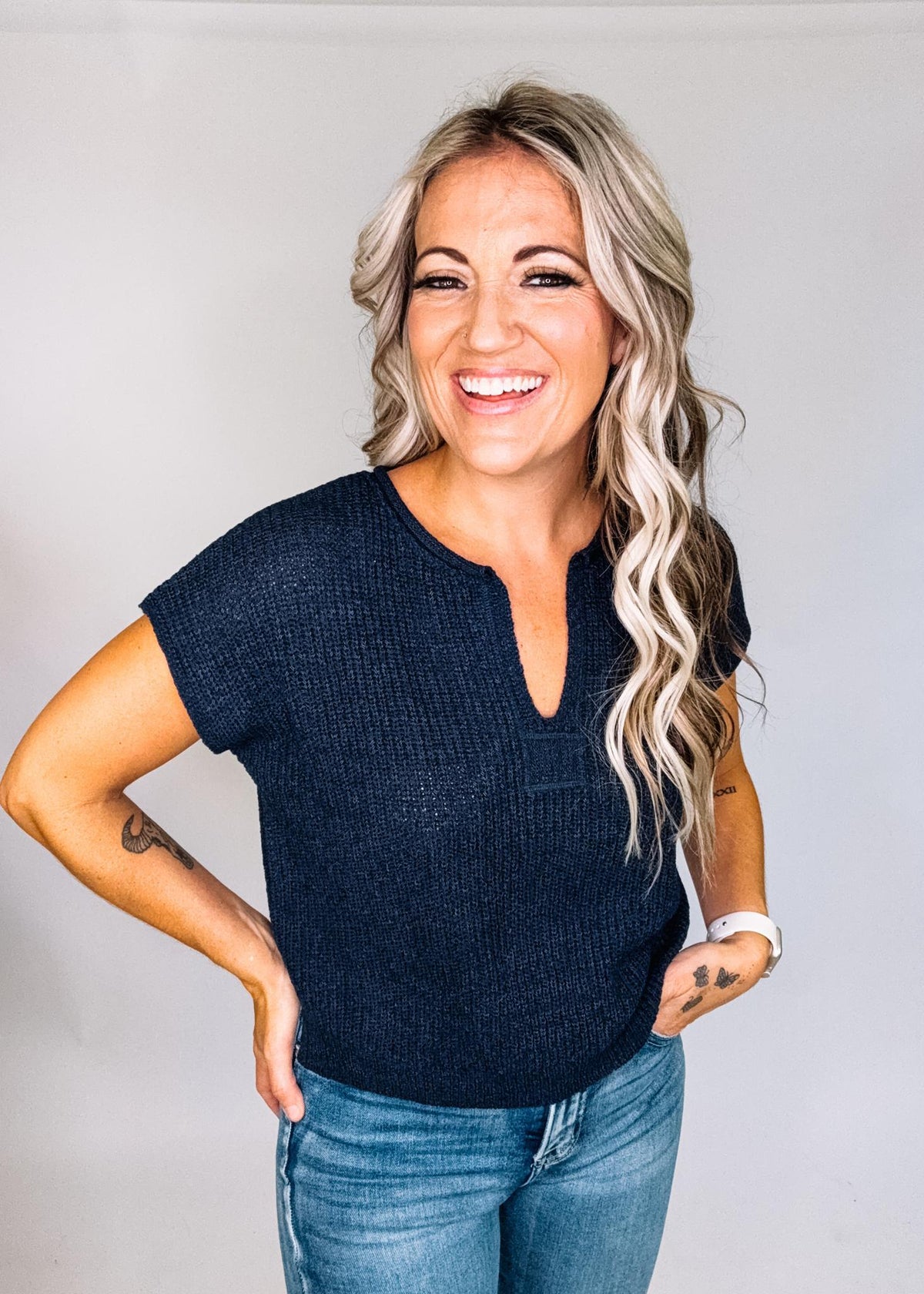 Navy Split Neck Short Sleeve Knit Top