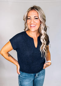 Navy Split Neck Short Sleeve Knit Top
