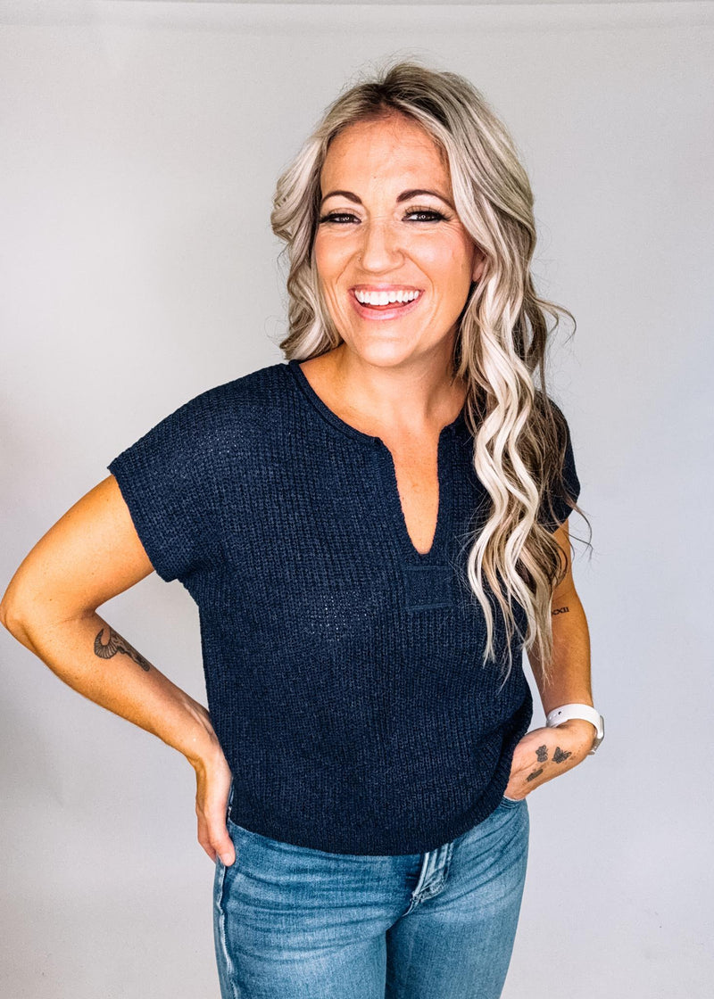 Navy Split Neck Short Sleeve Knit Top