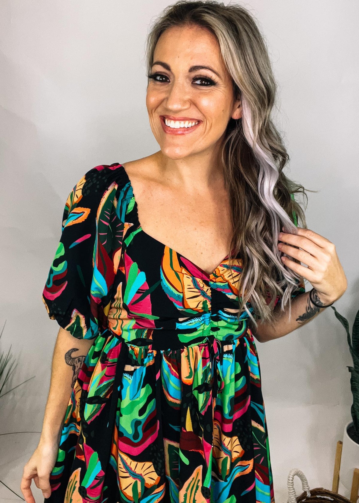 Neon Tropical Print Puff Sleeve Dress