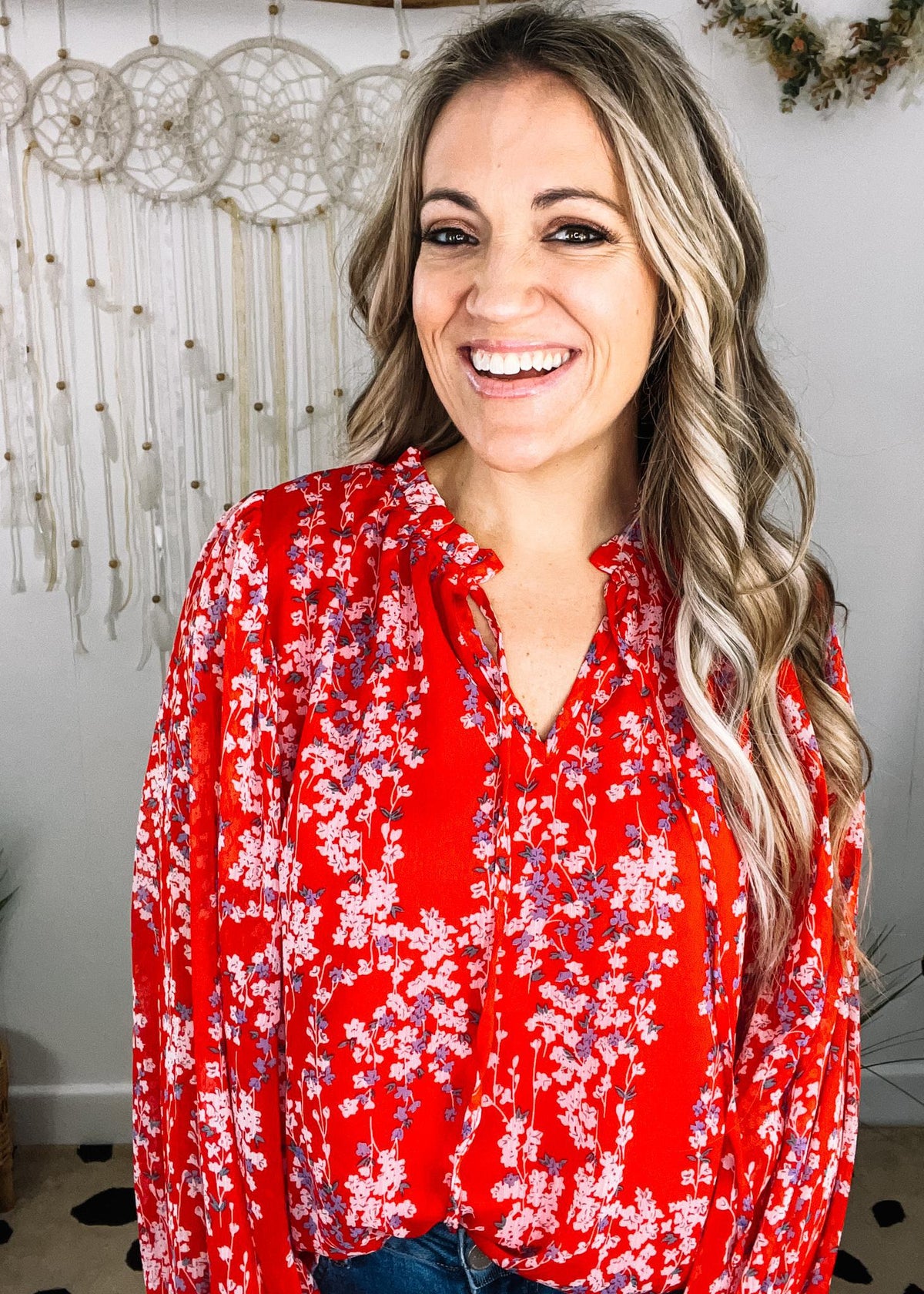 Bright Red Floral Chiffon Blouse