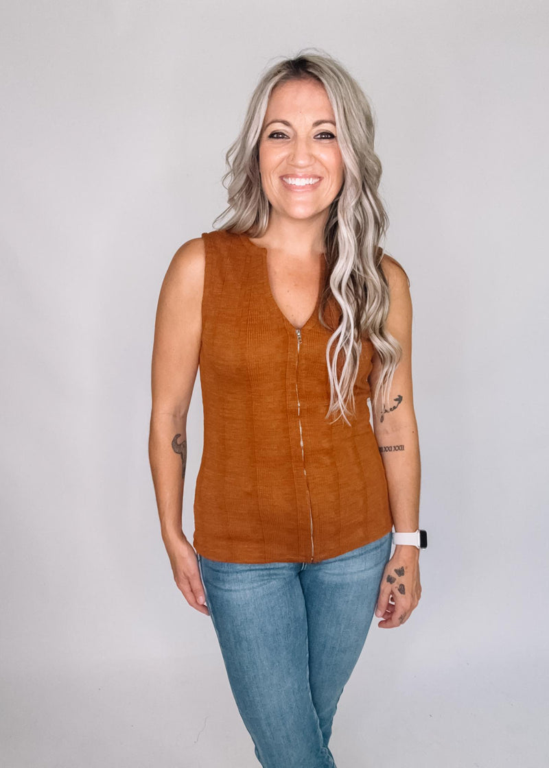 Textured Ribbed Sleeveless Top with Zipper