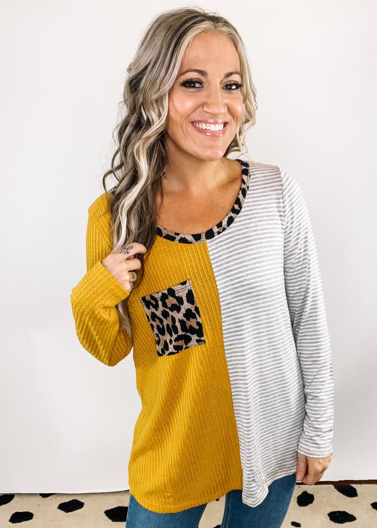 Mustard Thermal Waffle Knit Top