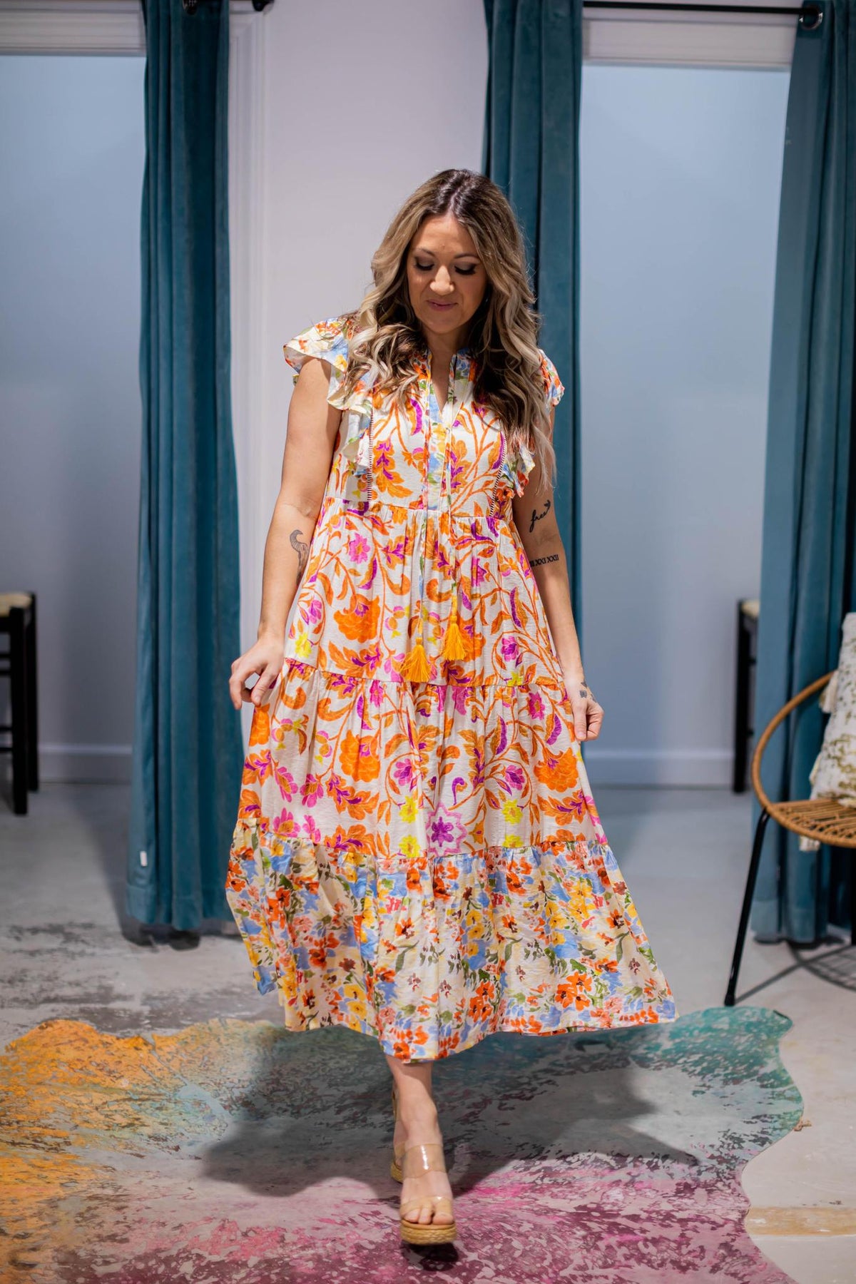 Orange and Pink Printed Midi Dress