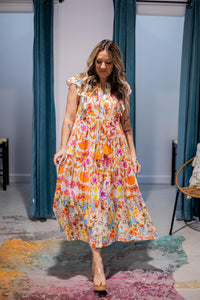 Orange and Pink Printed Midi Dress