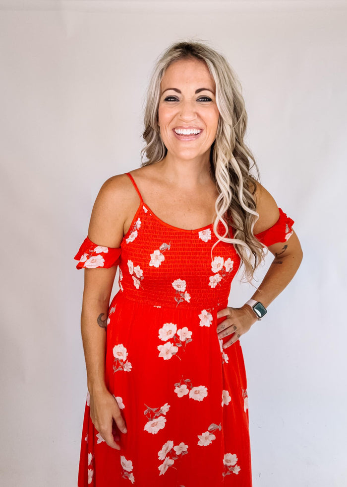 Red Floral Smocked Dress with Arm Straps