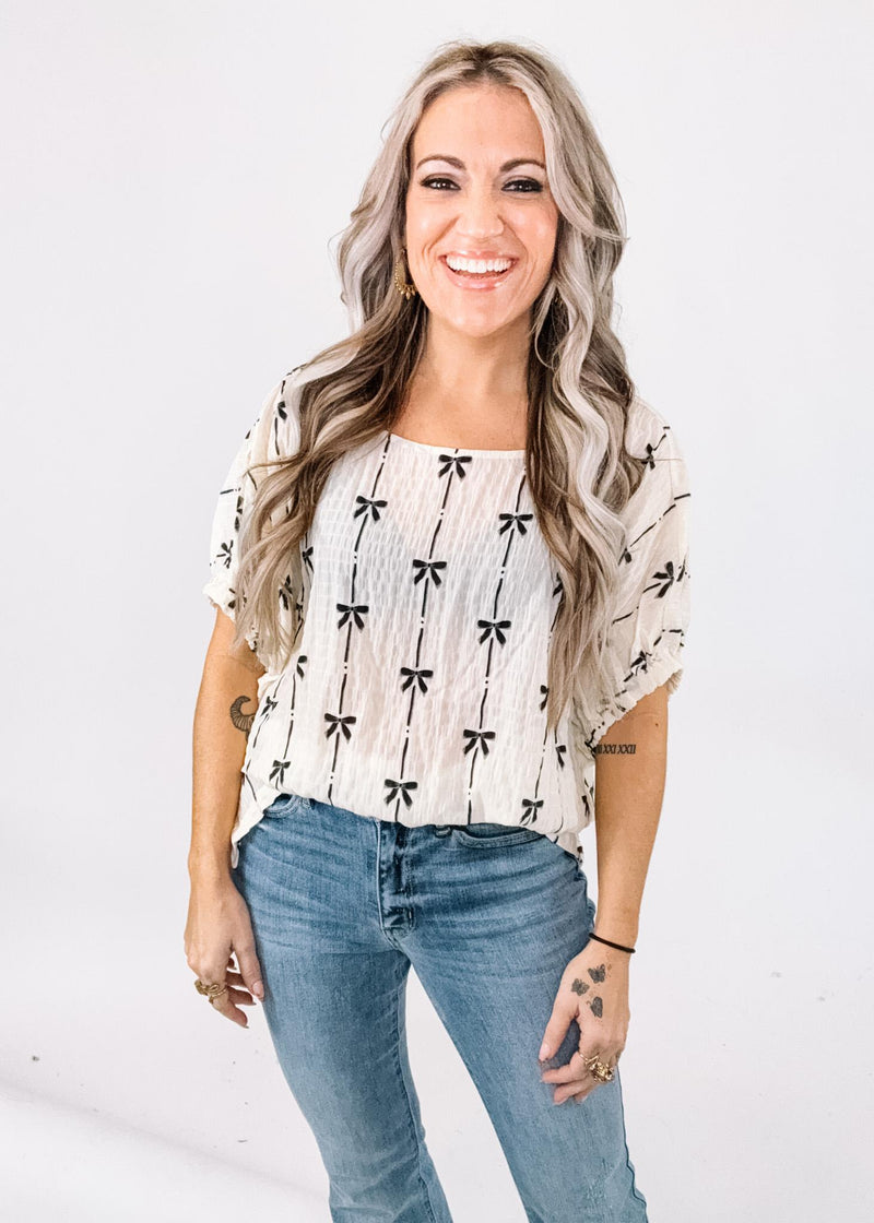 Cream and Black Bow Short Sleeve Top