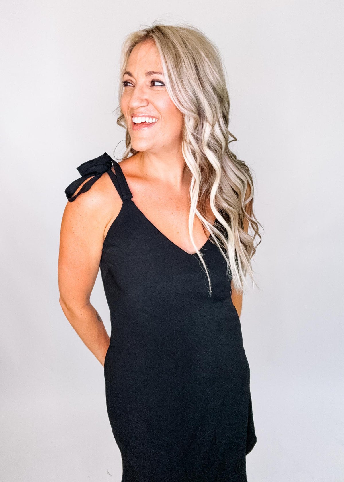 Solid V Neck Mini Dress with Tie Straps