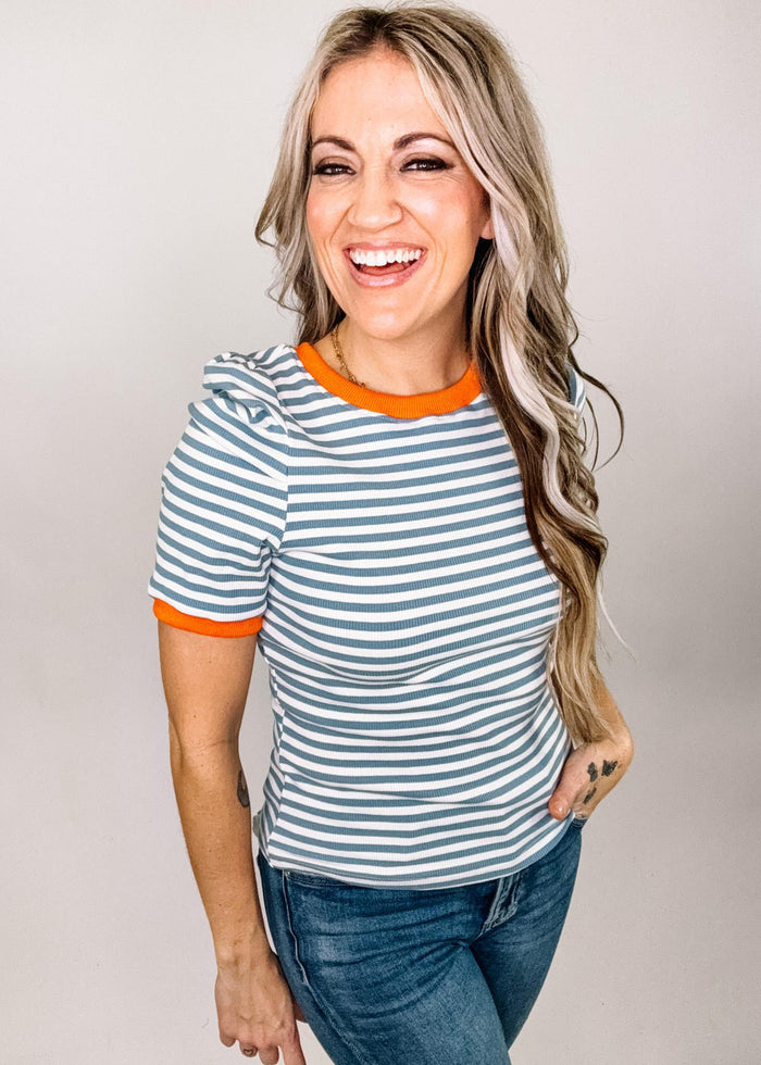 Denim Blue and Orange Collar Stripe Top