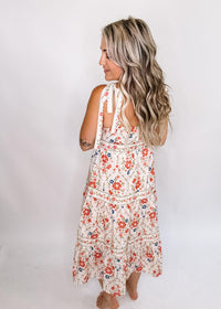 Cream Floral Printed Tie Strap Midi Dress