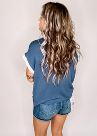 Vintage Blue Short Sleeve Top with White Trim