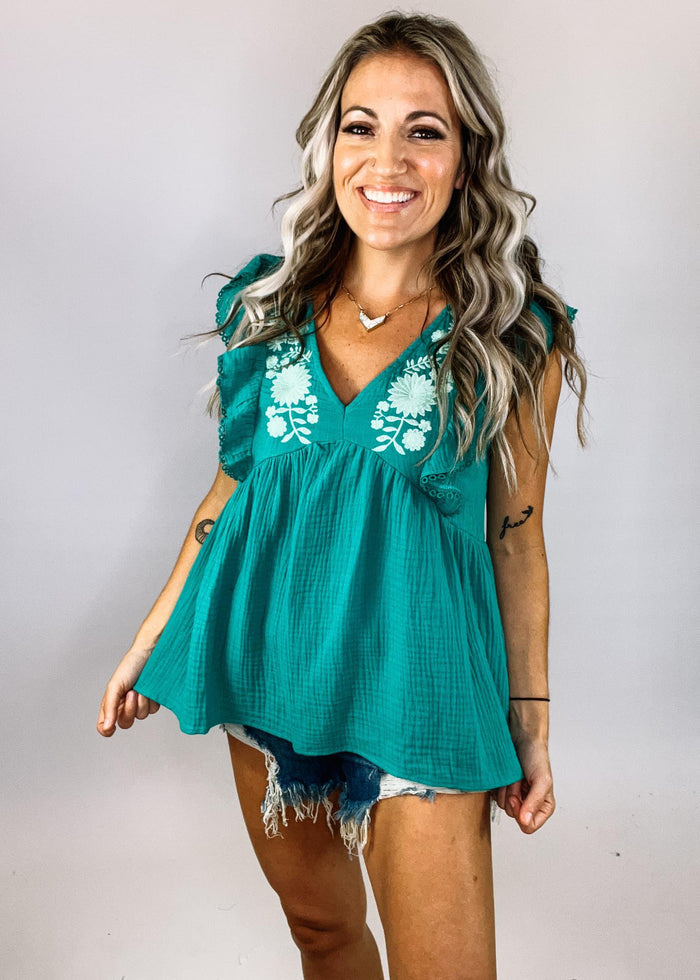 Green Embroidered Babydoll Top