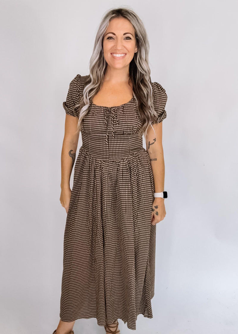 Gingham Corset Puff Sleeve Midi Dress
