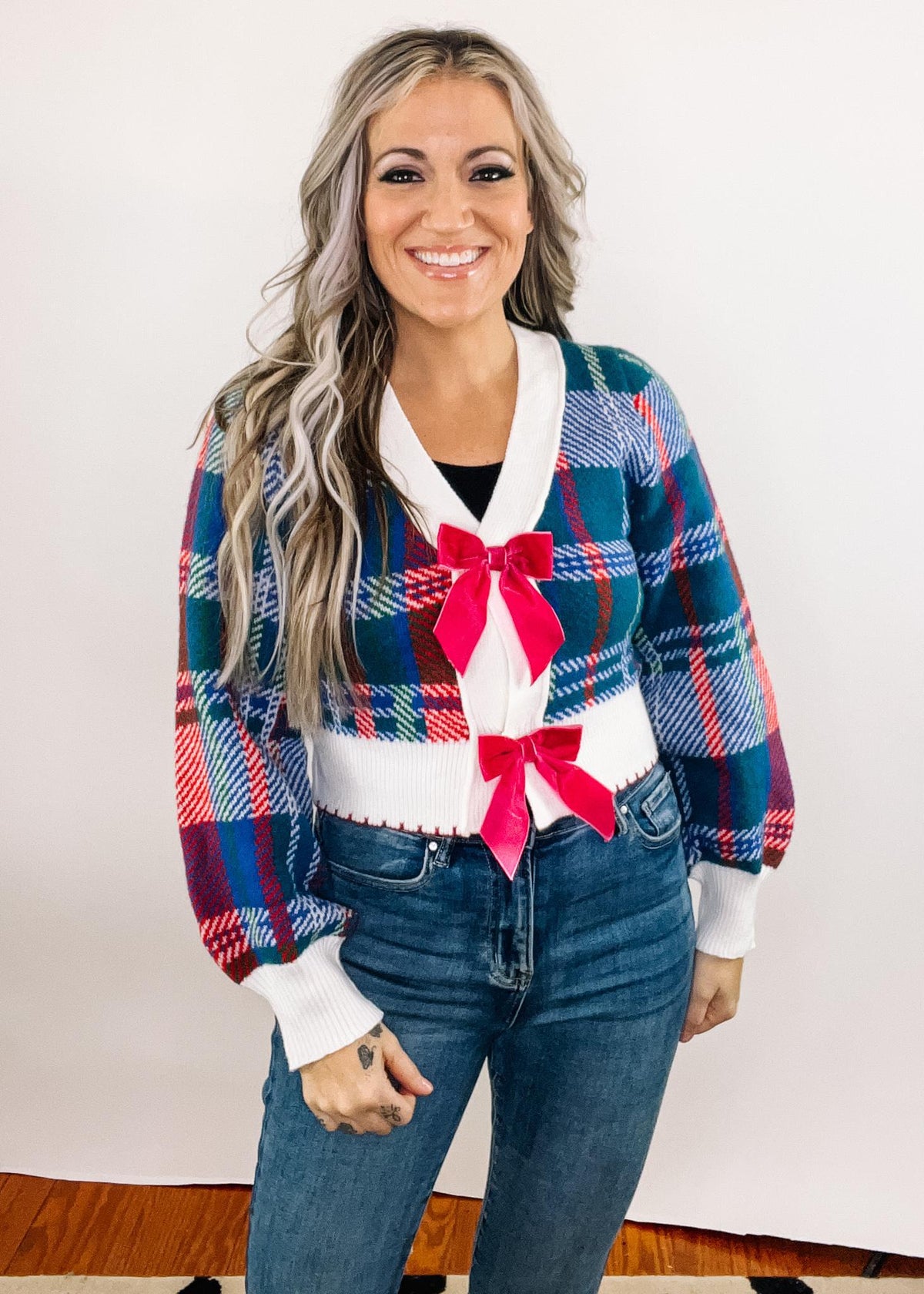 Plaid Holiday Sweater with Velvet Bows