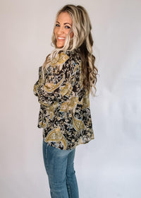 Olive Paisley Printed Bubble Sleeve Blouse