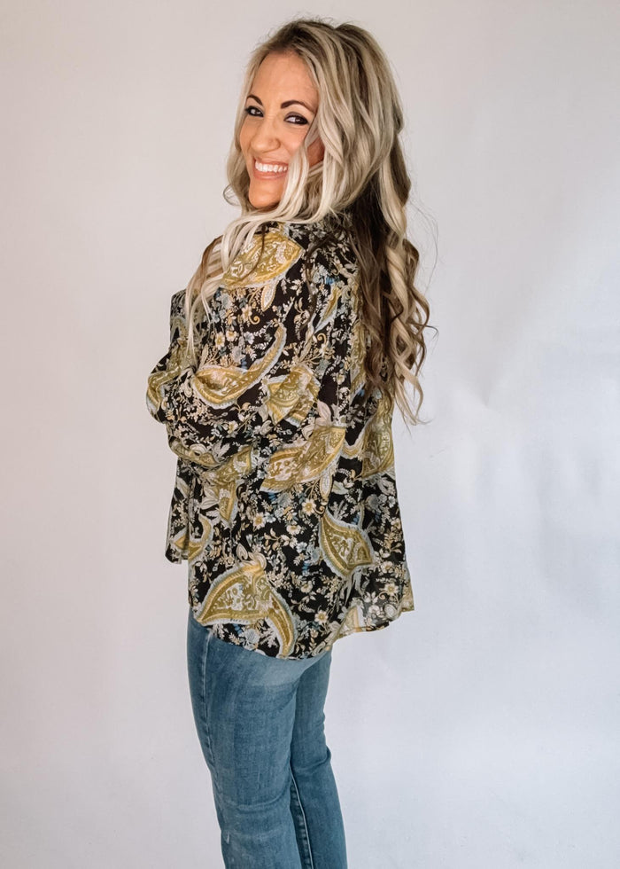 Olive Paisley Printed Bubble Sleeve Blouse
