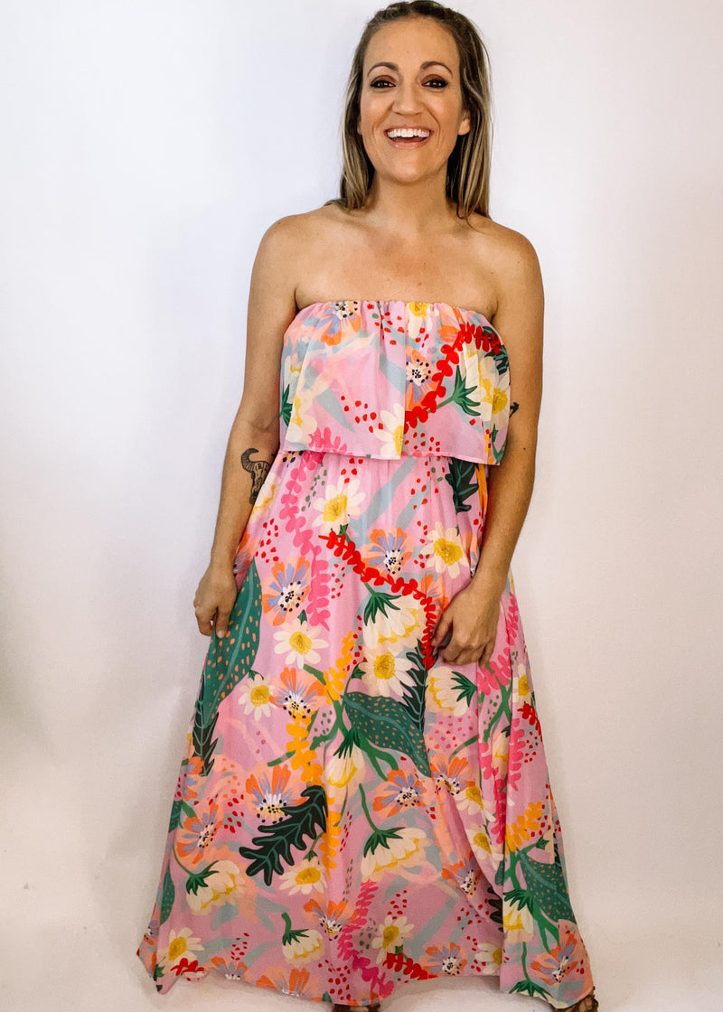 Colorful Pink Floral Strapless Maxi Dress