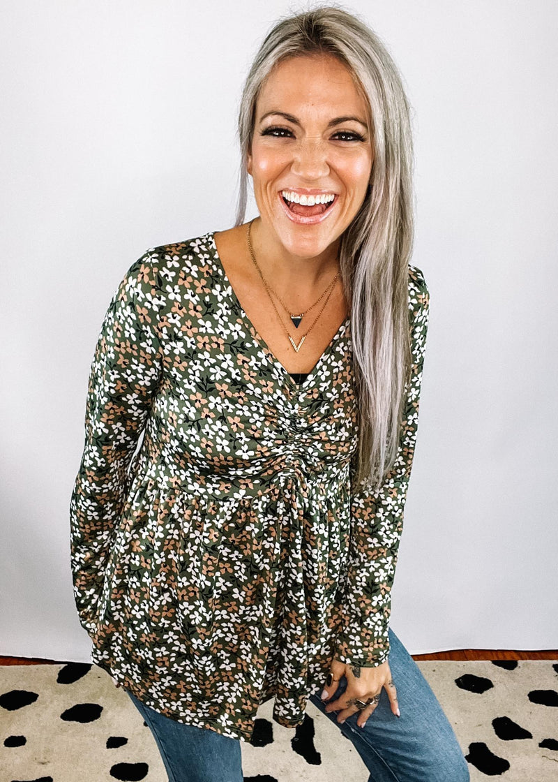 Olive Printed Cinched Chest Top