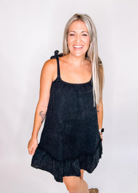 Black Gauze Tie Strap Mini Dress