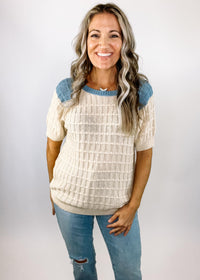 Oatmeal Grid Texture Top with Ragland Sleeve Detail