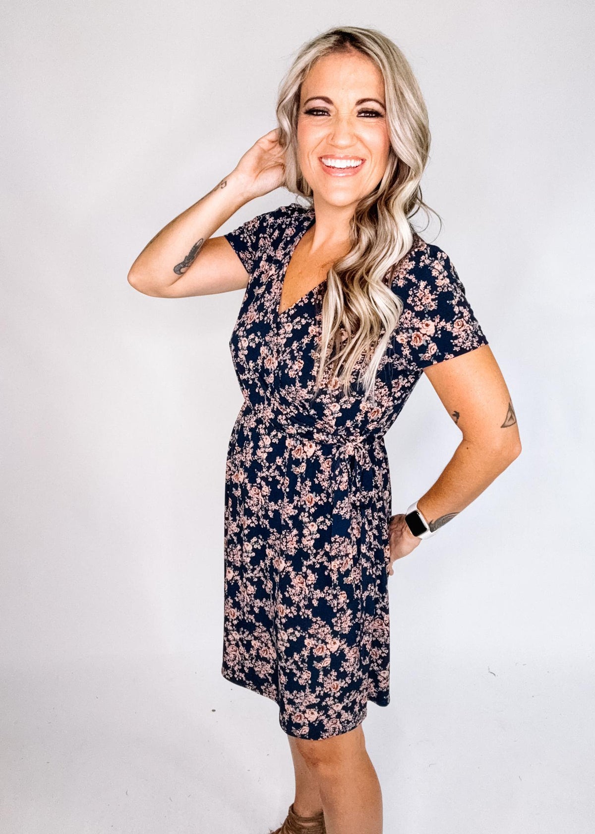 Navy and Taupe Ditsy Floral Faux Wrap Dress