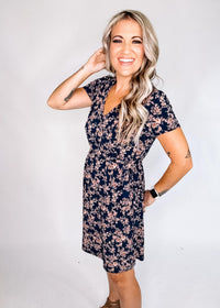 Navy and Taupe Ditsy Floral Faux Wrap Dress