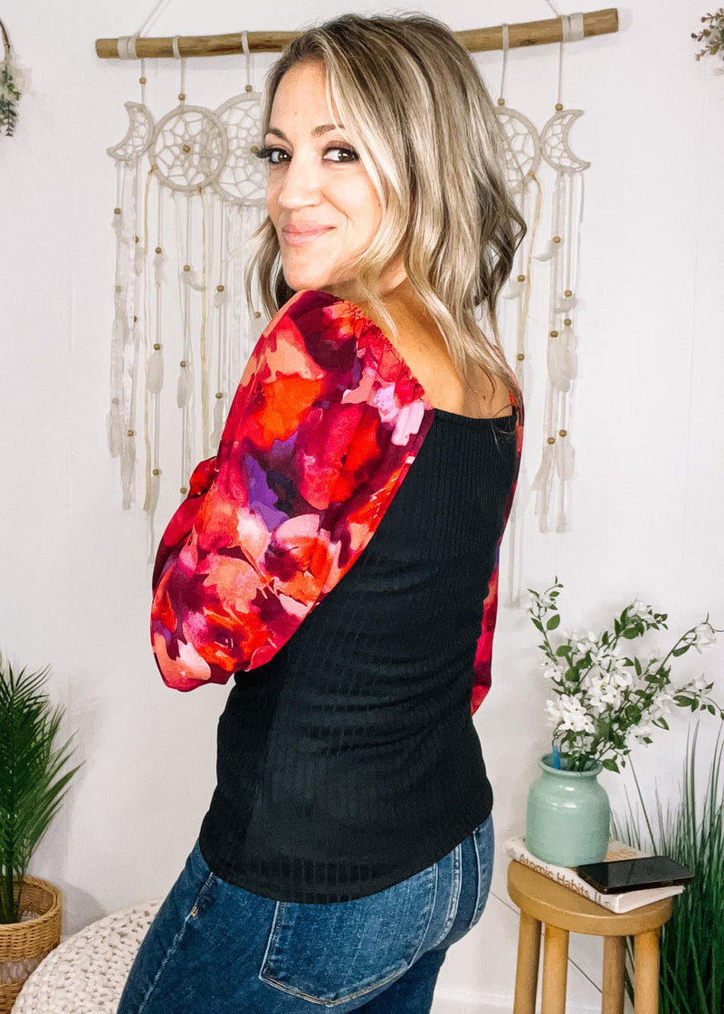Black Square Neck with Pink Floral Sleeves