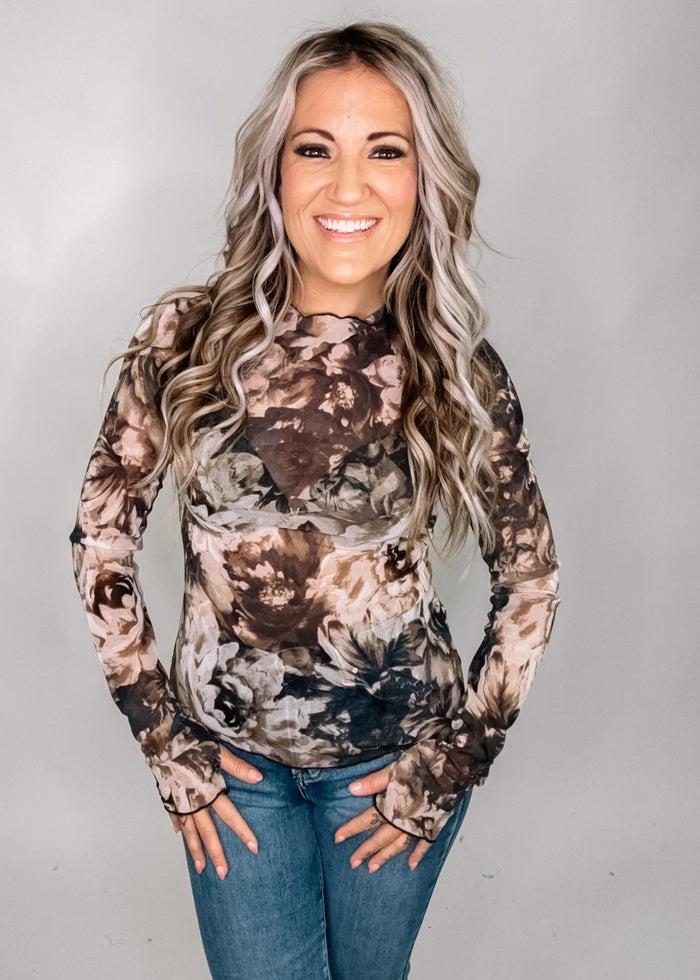 Taupe and Black Floral Mesh Top
