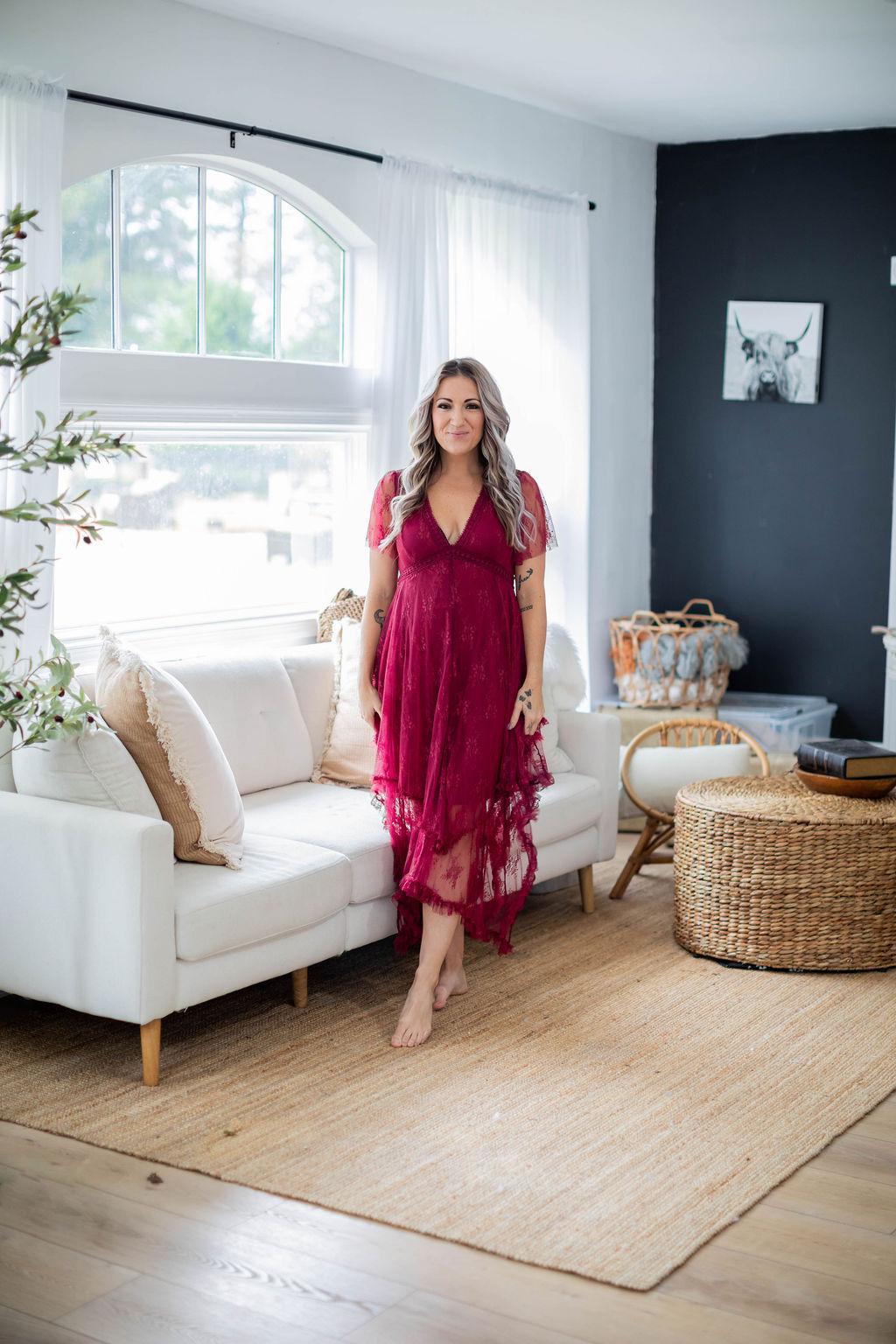 Burgundy Lace Asymmetric Hem Dress