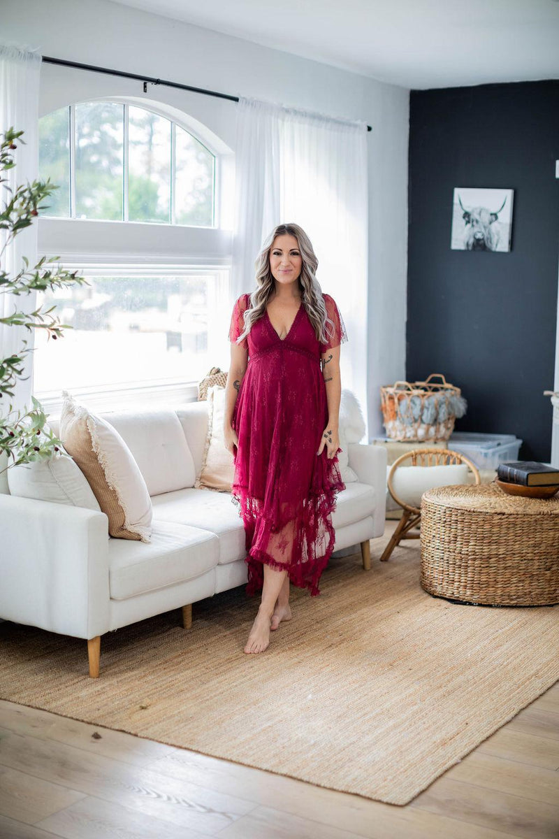 Burgundy Lace Asymmetric Hem Dress