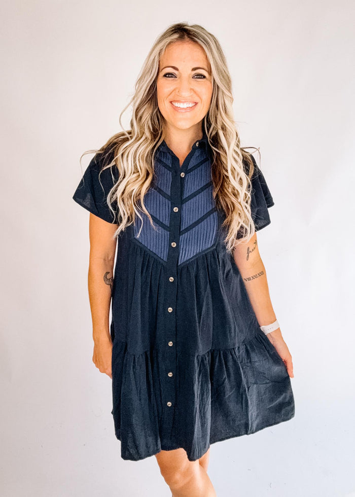 Yoke Button Down Mini Dress with Pockets
