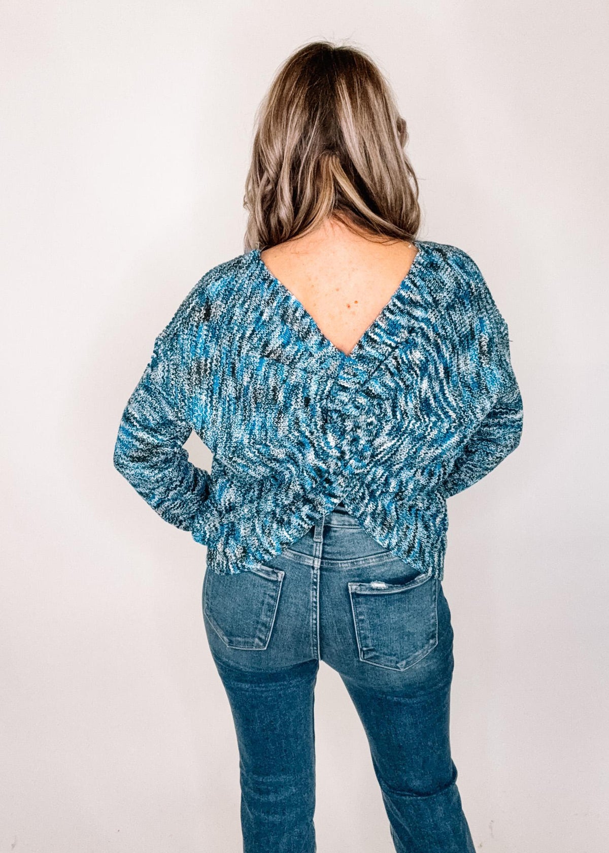 Blue Heathered Twist Back Sweater