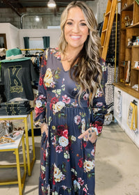 Charcoal and Yellow Floral Midi Dress