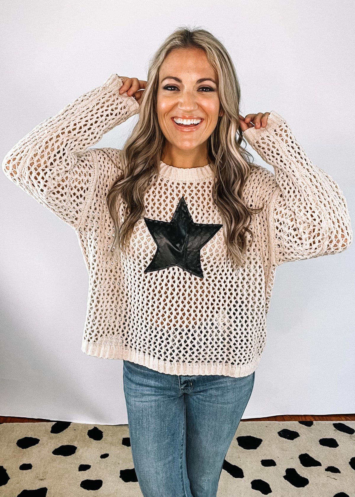 Oatmeal Crochet Knit Top with Faux Leather Star