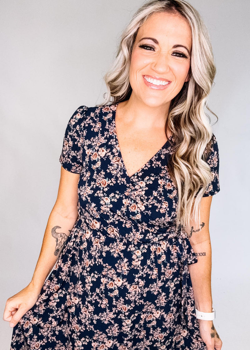 Navy and Taupe Ditsy Floral Faux Wrap Dress