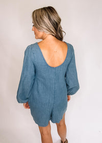 Denim Long Sleeve Pleated Romper