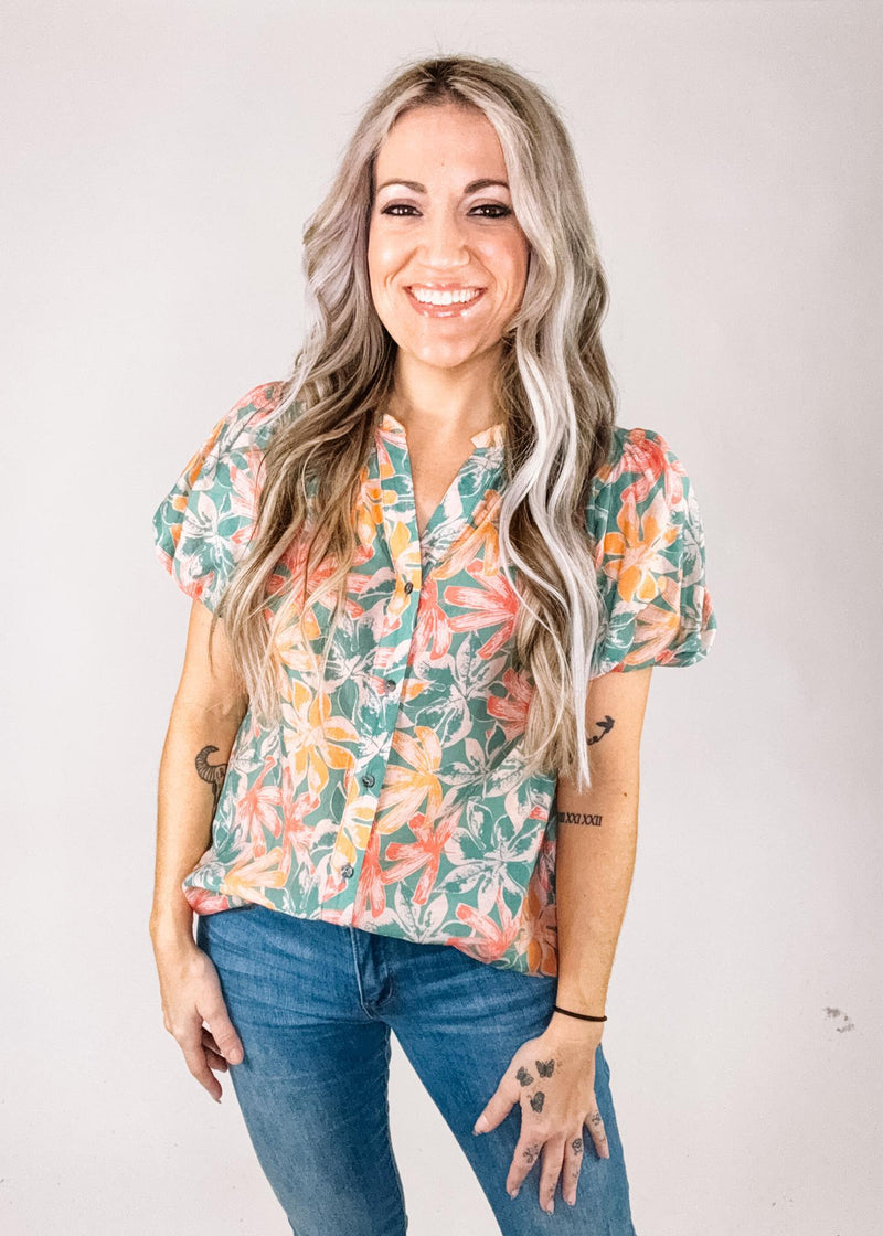 Aqua and Orange Floral Blouse