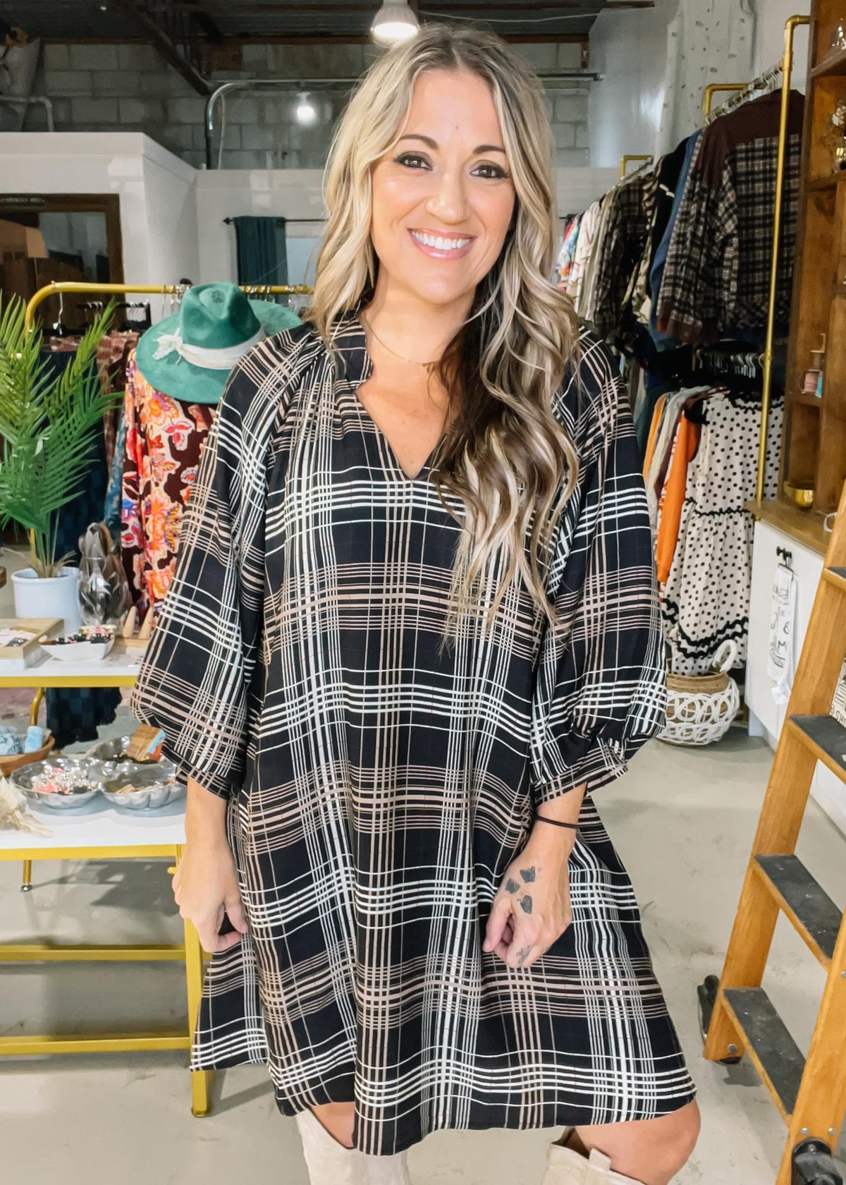 Plaid V-Neck Balloon Sleeve Shift Dress