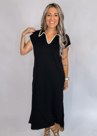 Black Embroider Trim Maxi with Collar