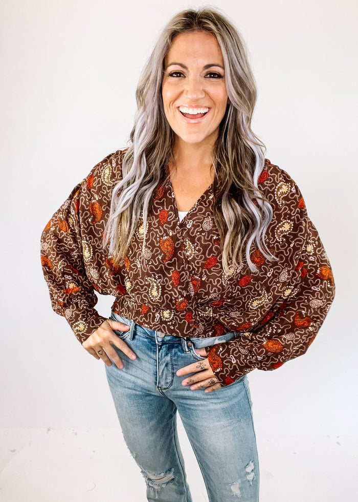 Brown Printed Faux Wrap Crop Blouse