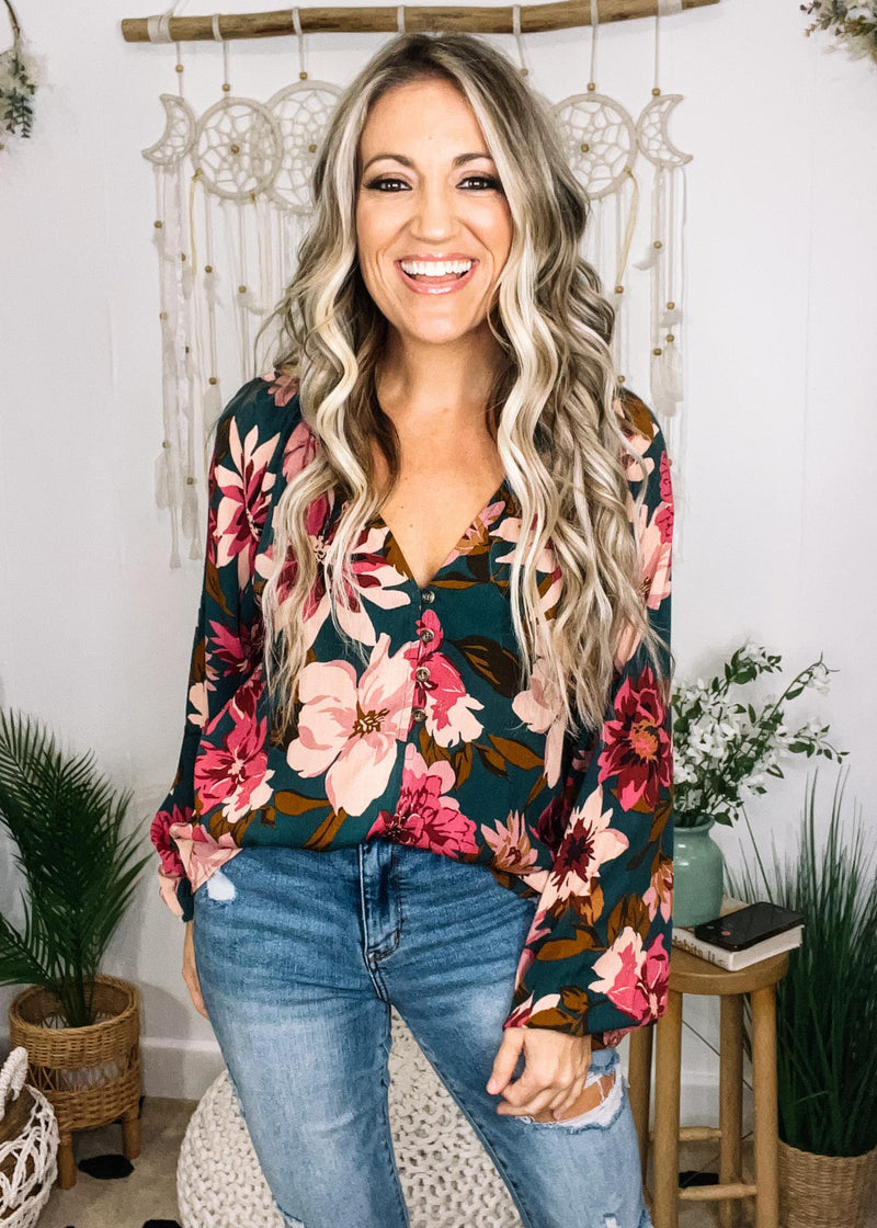 Hunter Green Floral Button Down Top