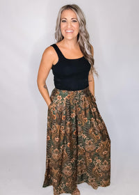 Green Damask Wide Leg Pants