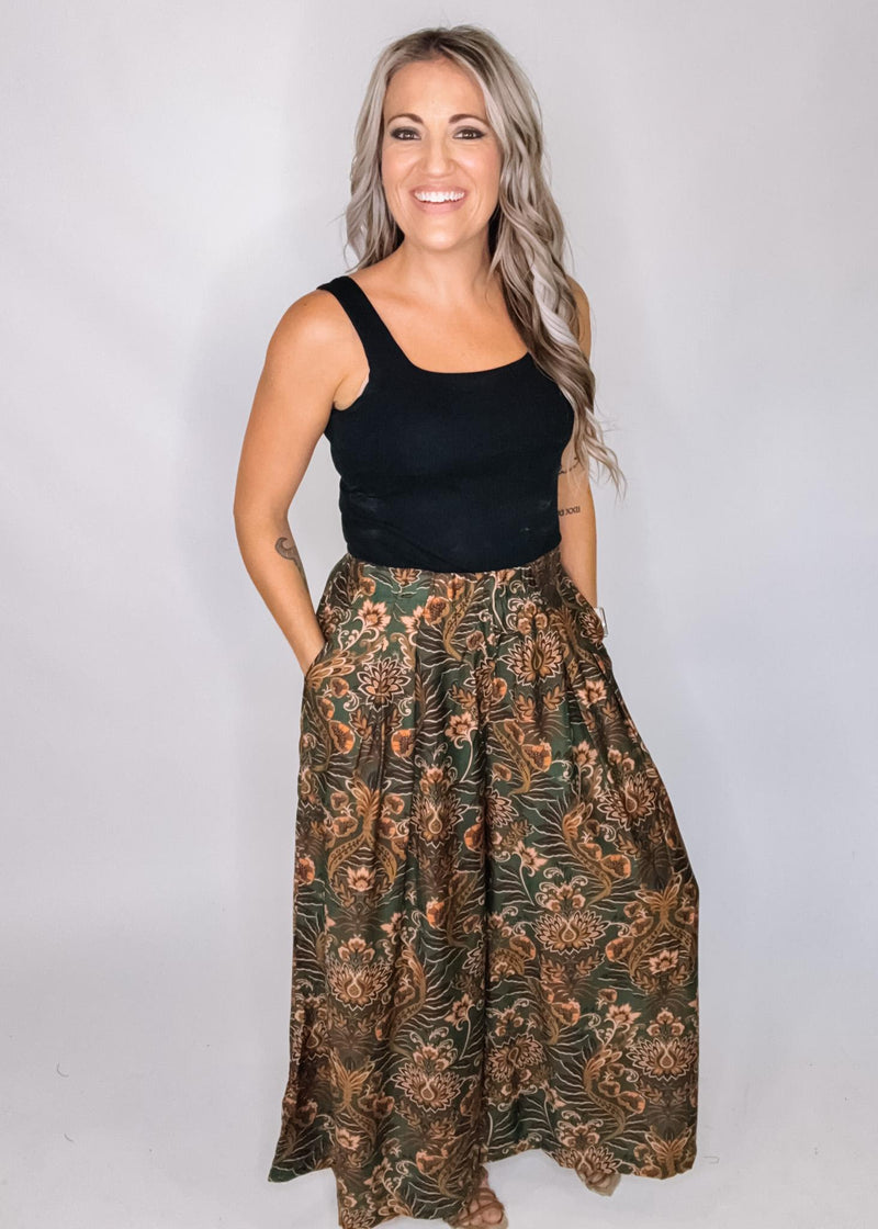 Green Damask Wide Leg Pants