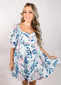 Puff Sleeve Floral Mini Dress with Pockets