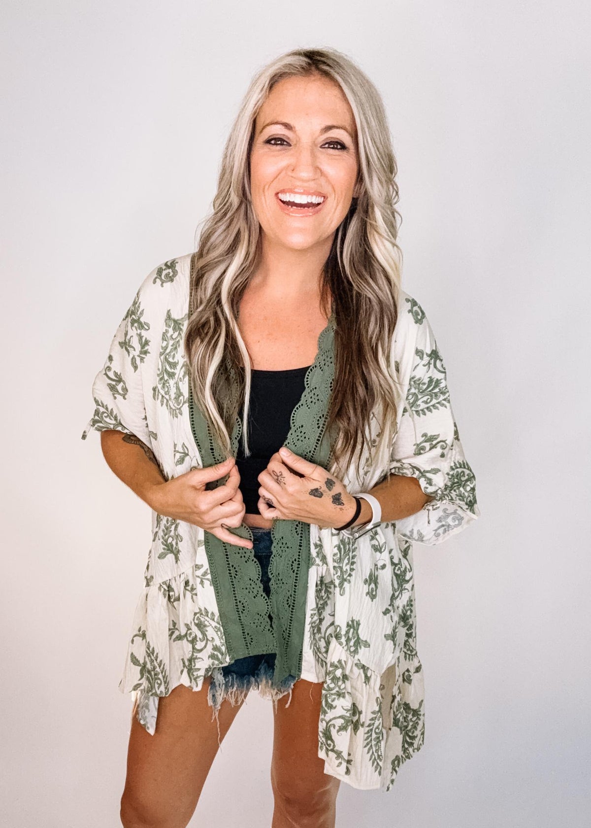 Green Lace Trim Printed Kimono
