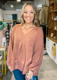 V-Neck Pucker Cord Knit Top
