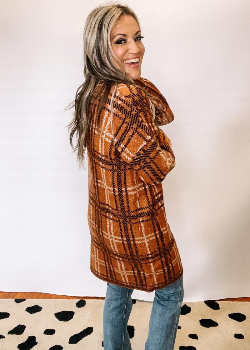 Toffee Plaid Open Front Cardigan