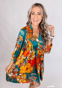 Teal Rust Mustard Satin Printed Mini Dress